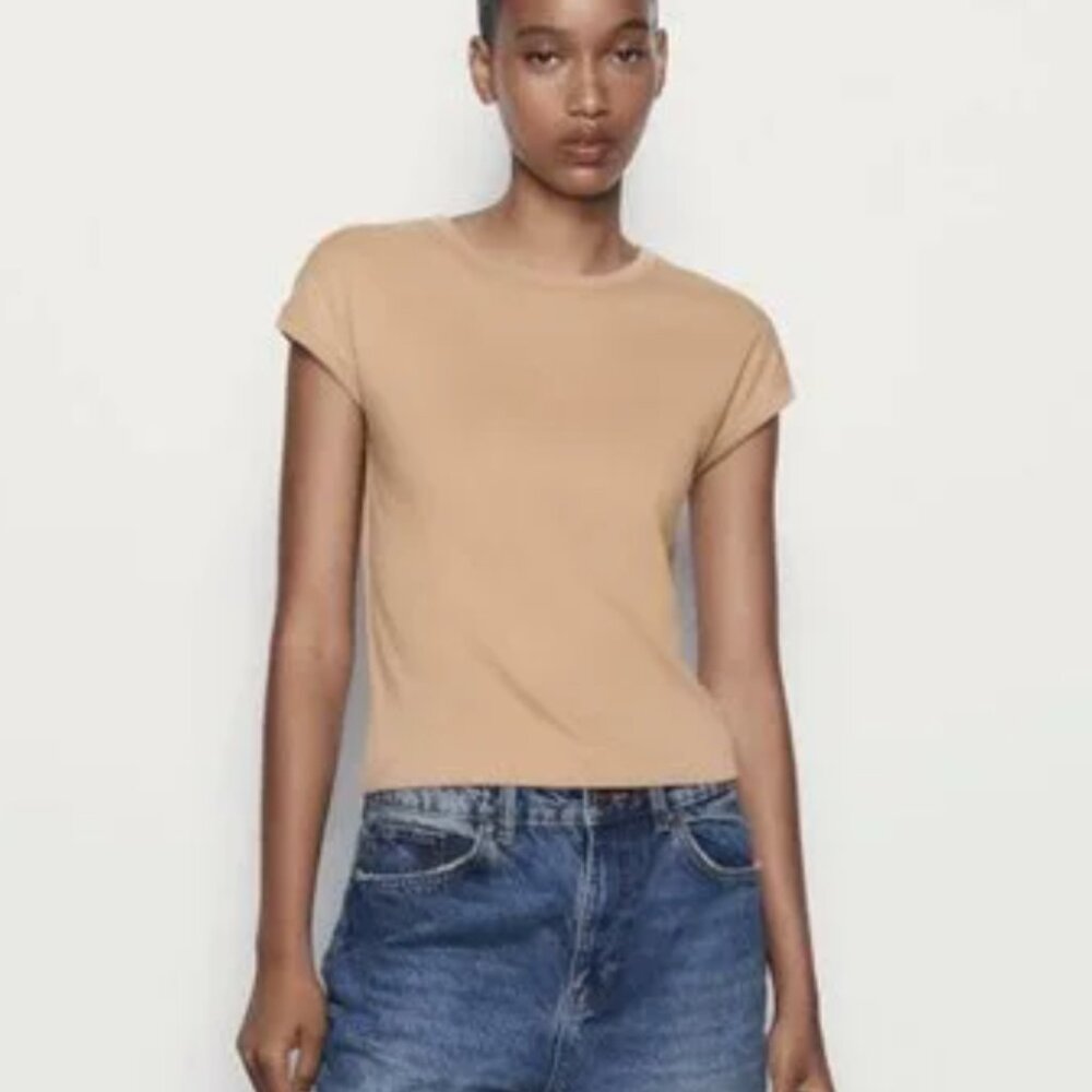 NWT ZARA RIBBED COTTON T-SHIRT BEIGE-PINK